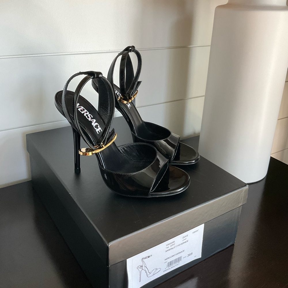 Versace Safety Pin Glossy Black Pump with Gold Accent